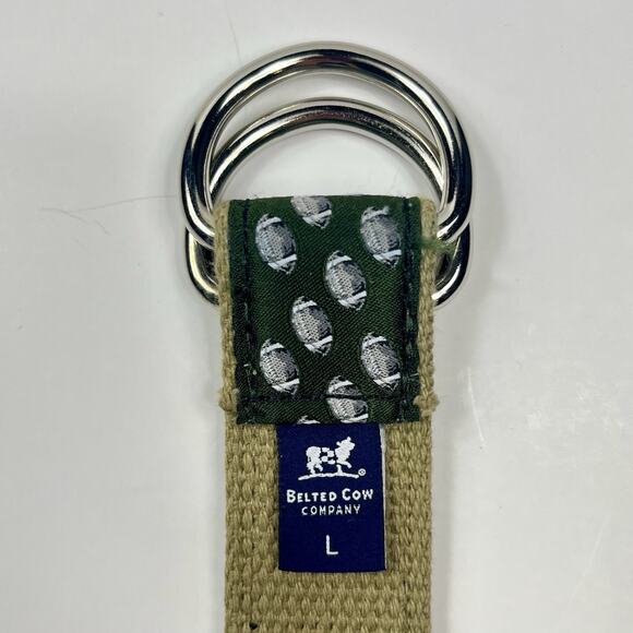 Belted Cow Co Belt Mens Large Football Green Cream D-Ring Canvas USA Made - Picture 3 of 9